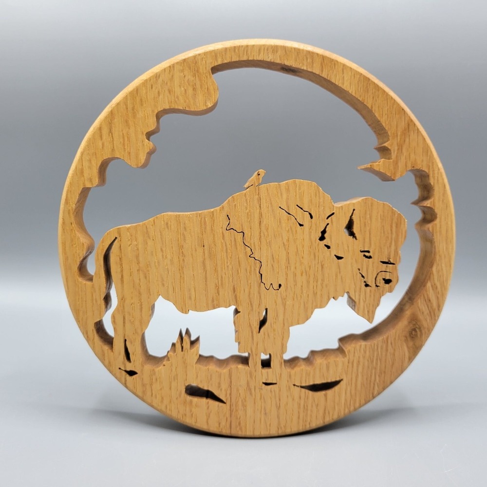 Buffalo Scene Handcrafted Wooden 3D Oak Wood Circular Wall Art Trivet Decor - Picture 3 of 10